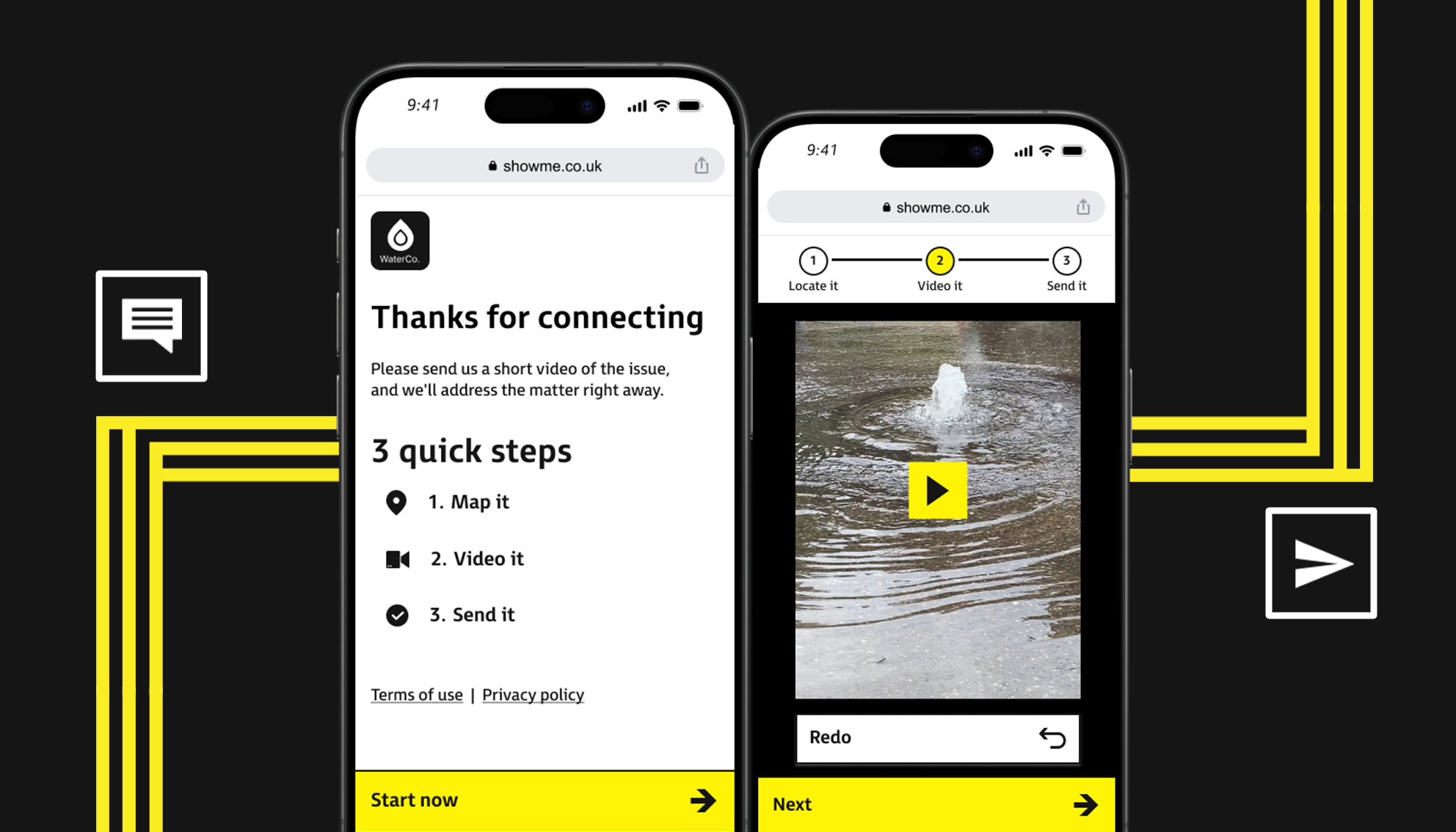 WaterCo mobile app interface showing water issue reporting workflow